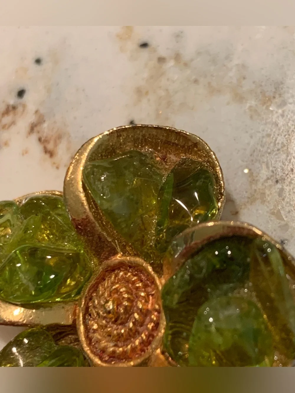 Vintage Gold Tone 5 Petal Flower Brooch Olive Green Art Glass Pin Mid Century